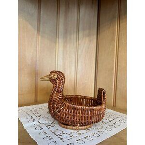 Vintage Small Handwoven Duck Breadbasket Wood Beak Extra Small Basket Rattan